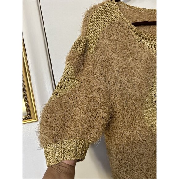 VTG Sweater Crochet Handmade Gold Brown Short sleeves 3d Flower Eye Lashes - Picture 2 of 9